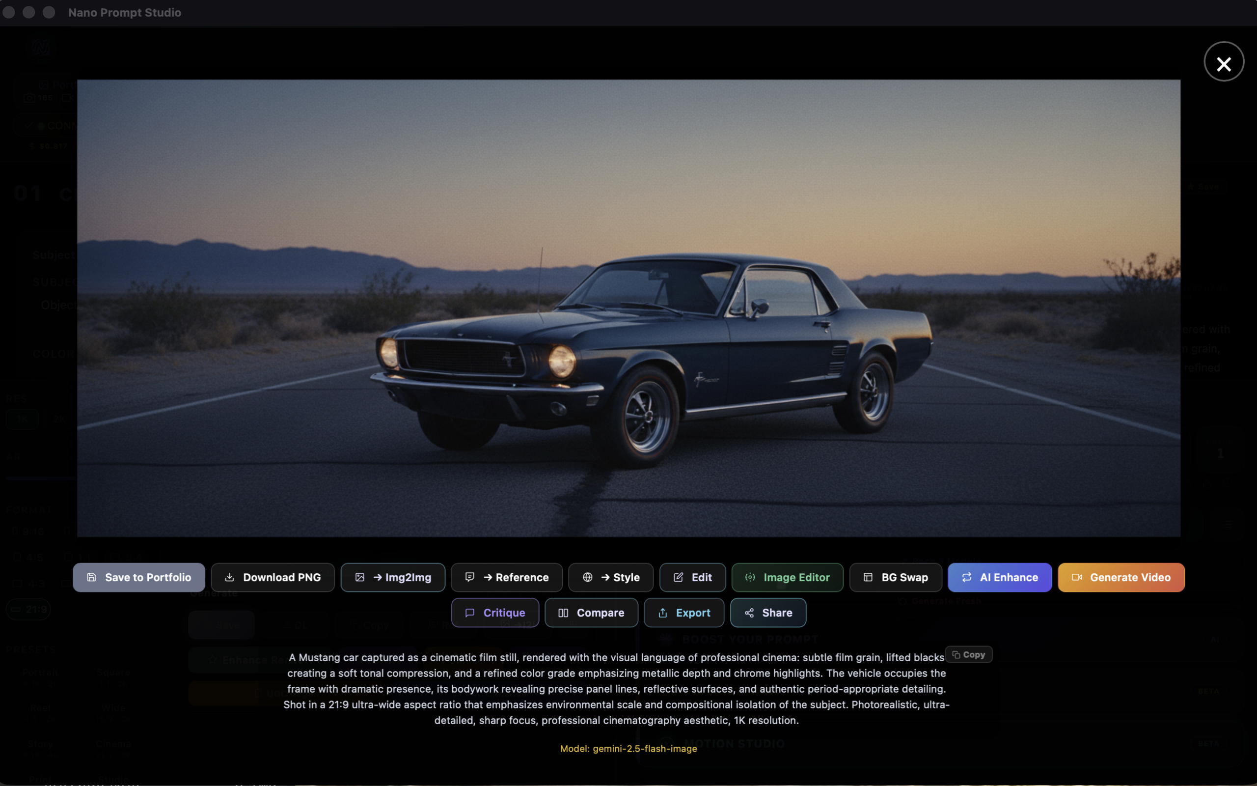 Nano Prompt Studio — AI-generated cinematic Mustang image