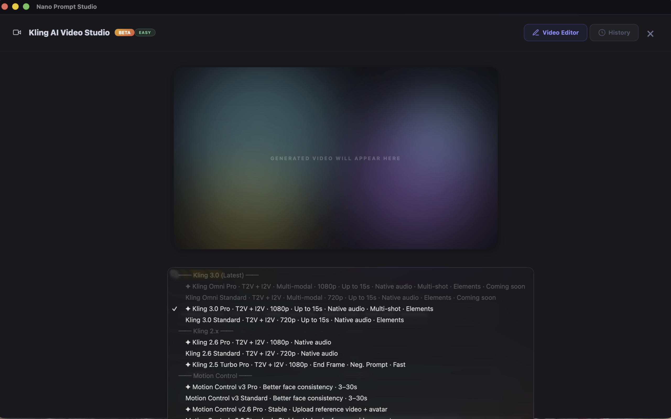 Nano Prompt Studio — Kling AI models