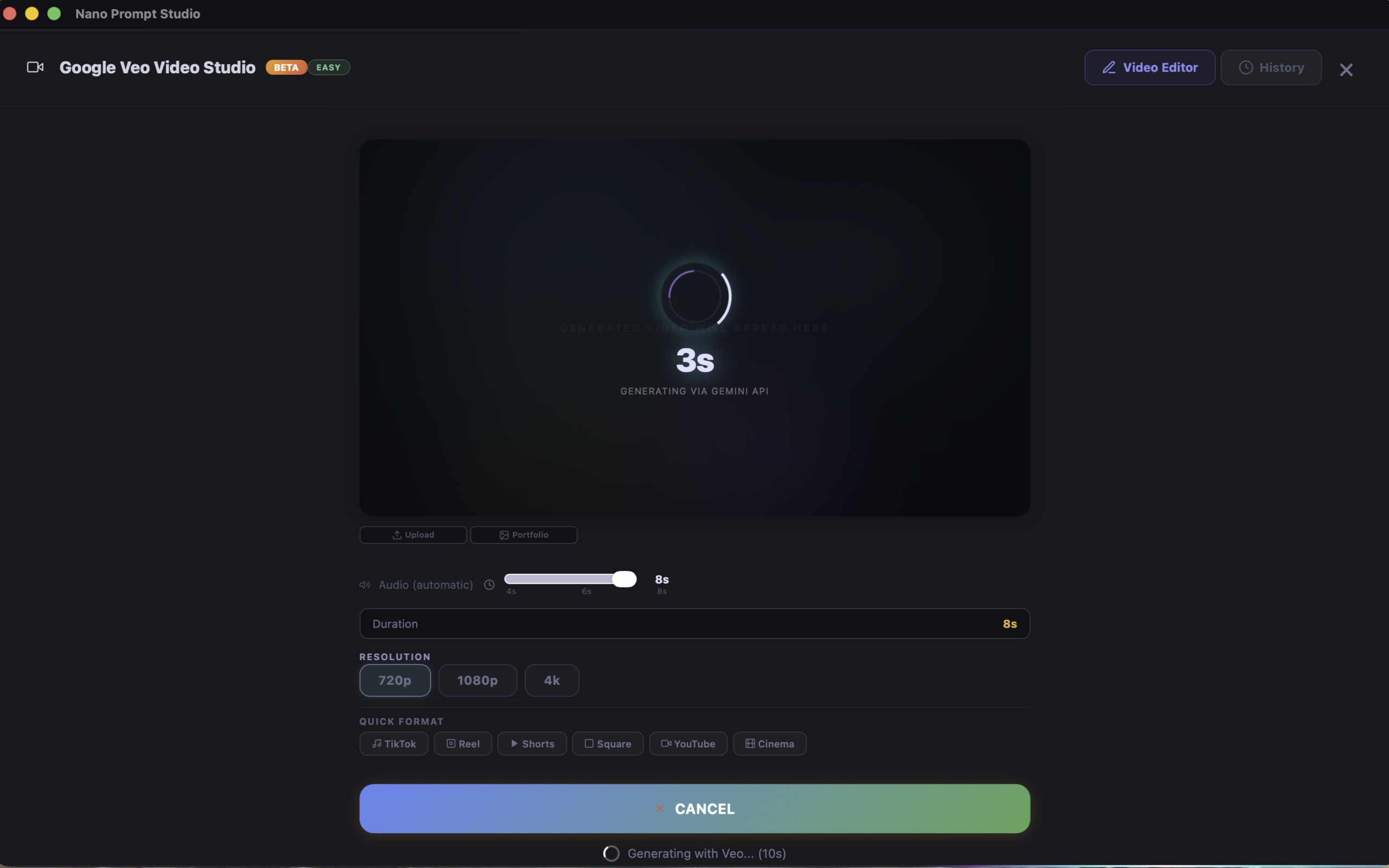 Nano Prompt Studio — Veo generating