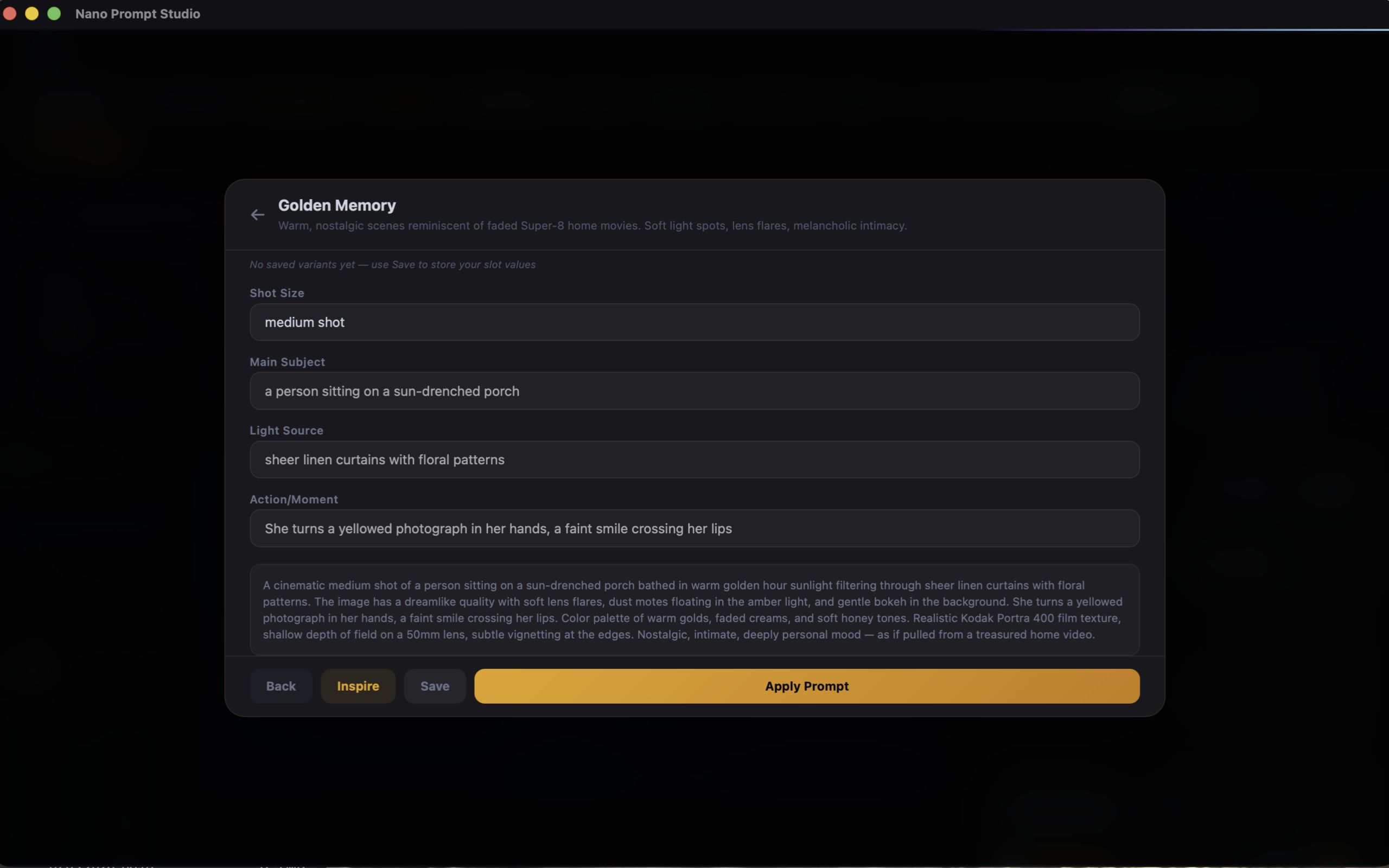 Nano Prompt Studio — Preset detail view