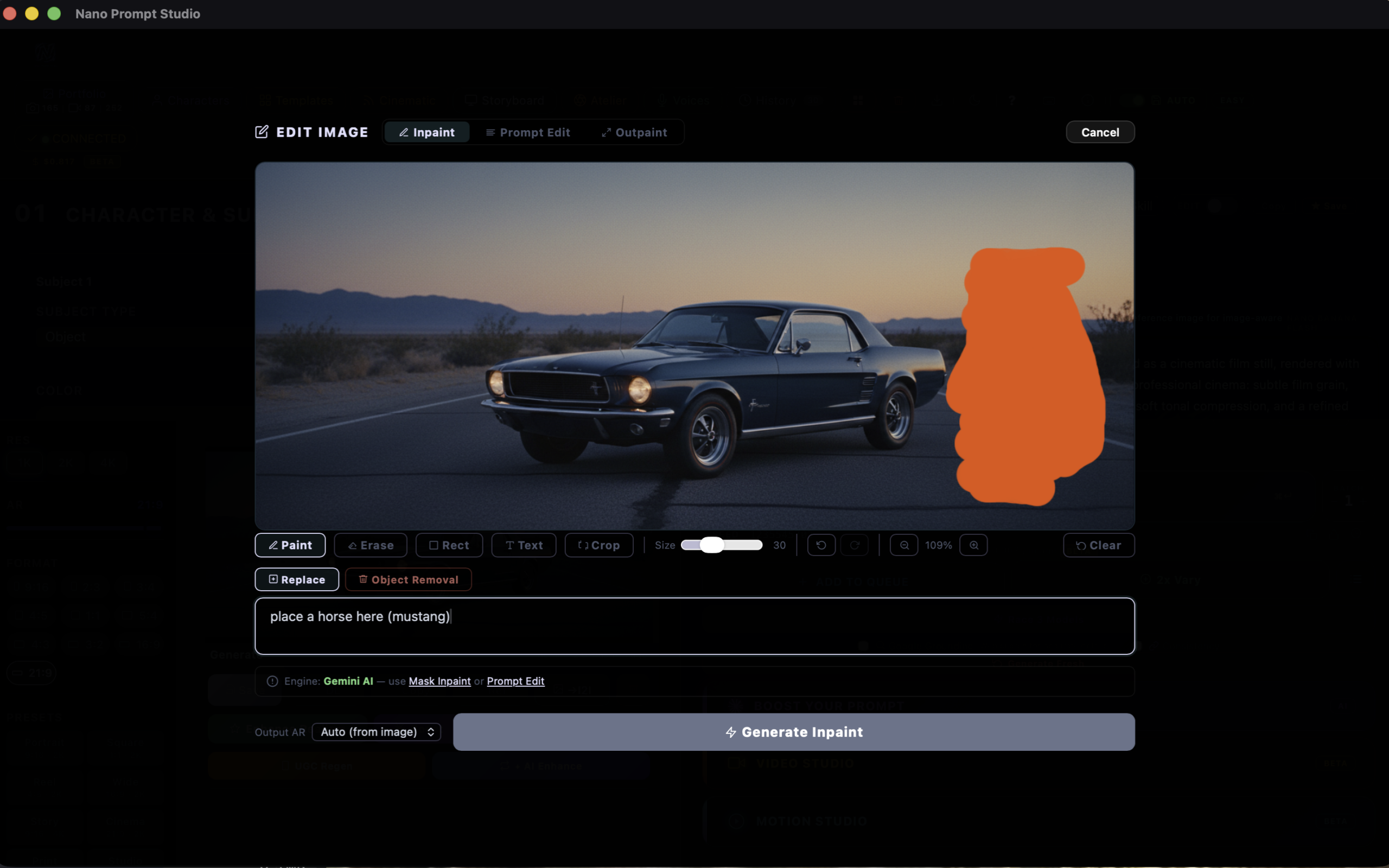 Inpaint mask on Mustang